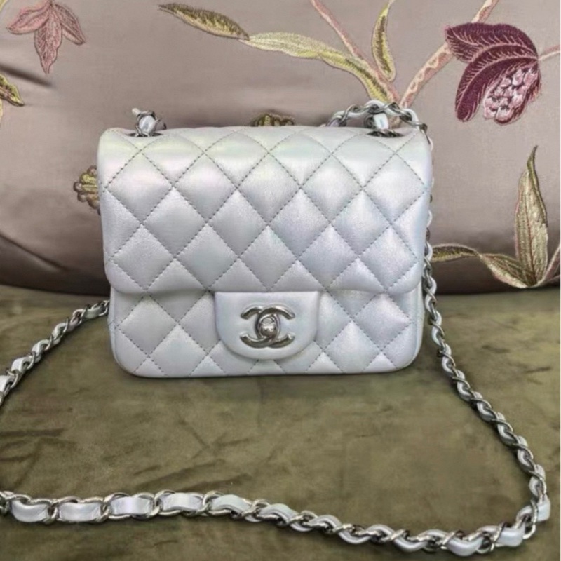 chanel/香奈兒 Classic Flap CF 牛皮方胖子 幻彩人魚姬拼銀白色 芯片款-0
