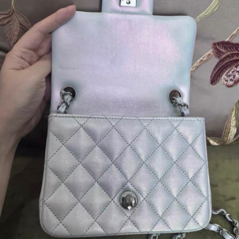 chanel/香奈兒 Classic Flap CF 牛皮方胖子 幻彩人魚姬拼銀白色 芯片款-2
