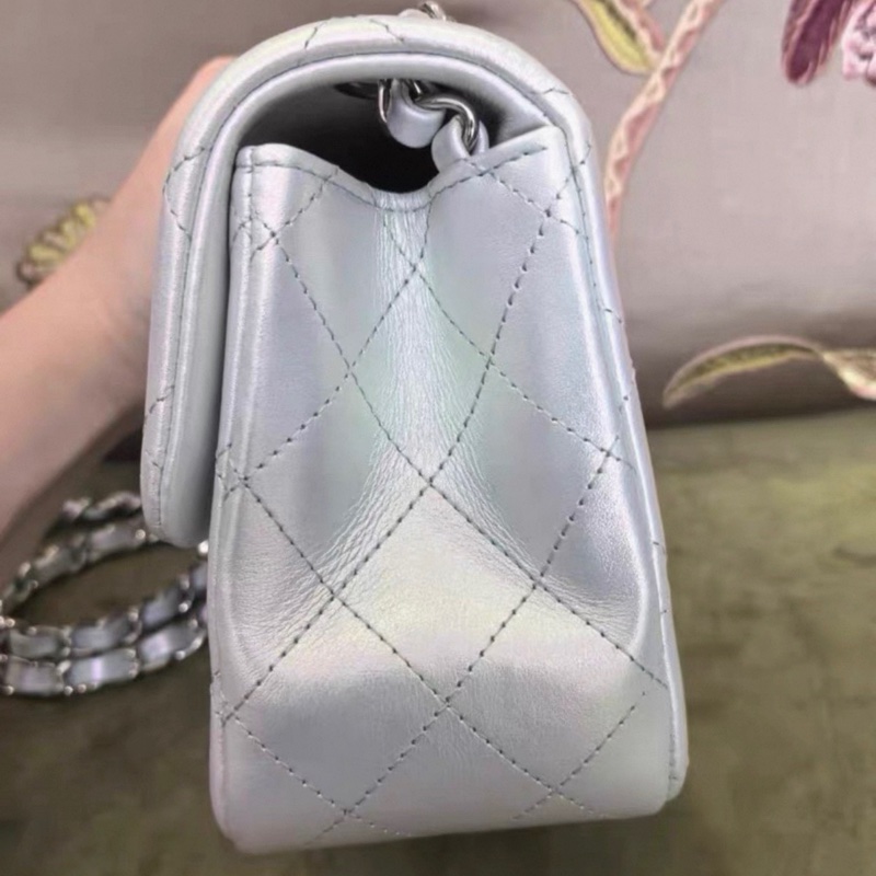 chanel/香奈兒 Classic Flap CF 牛皮方胖子 幻彩人魚姬拼銀白色 芯片款-6