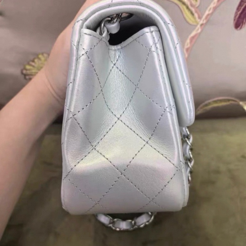 chanel/香奈兒 Classic Flap CF 牛皮方胖子 幻彩人魚姬拼銀白色 芯片款-8