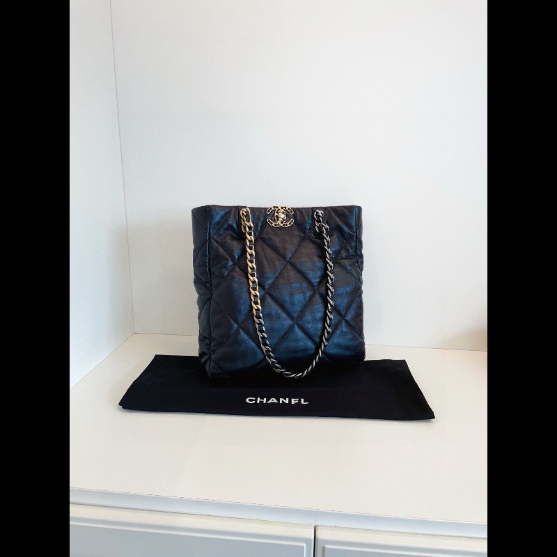 Chanel香奈兒 晶片款 19bag系列黑金大菱格shopping tote托特包-4