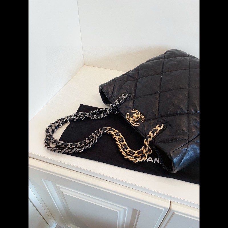 Chanel香奈兒 晶片款 19bag系列黑金大菱格shopping tote托特包-6