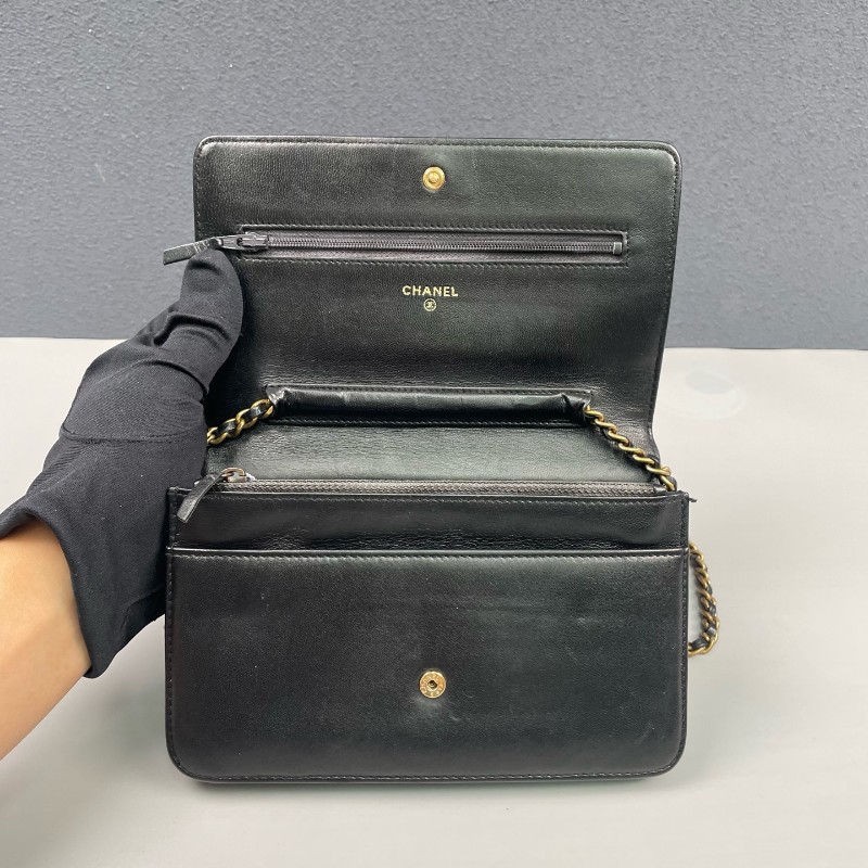 Chanel香奈兒 黑金菱格紋發財Woc鏈條包-6