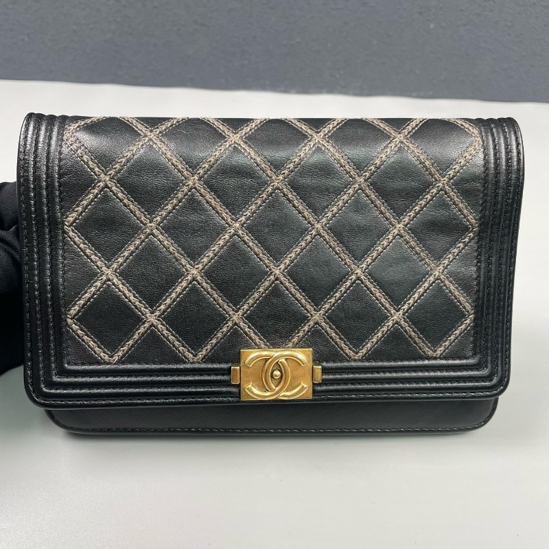 Chanel香奈兒 黑金菱格紋發財Woc鏈條包-9