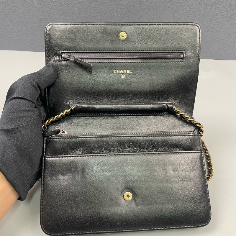 Chanel香奈兒 黑金菱格紋發財Woc鏈條包-18