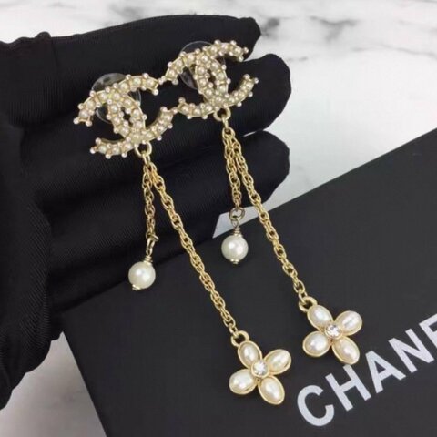 Chanel 雙C珍珠流蘇花朵耳環 99新配件塵袋
