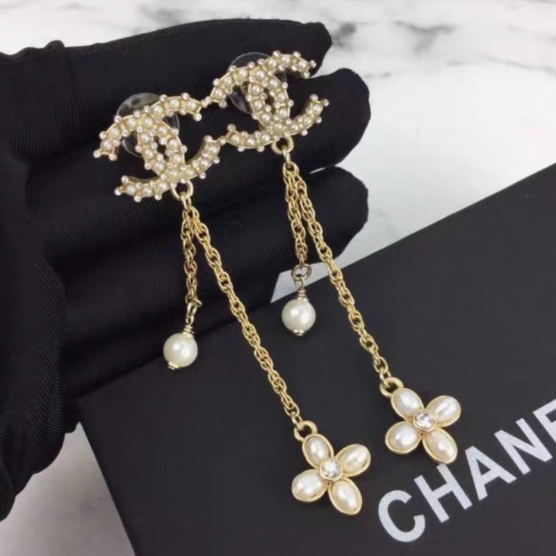 Chanel 雙C珍珠流蘇花朵耳環 99新配件塵袋-0