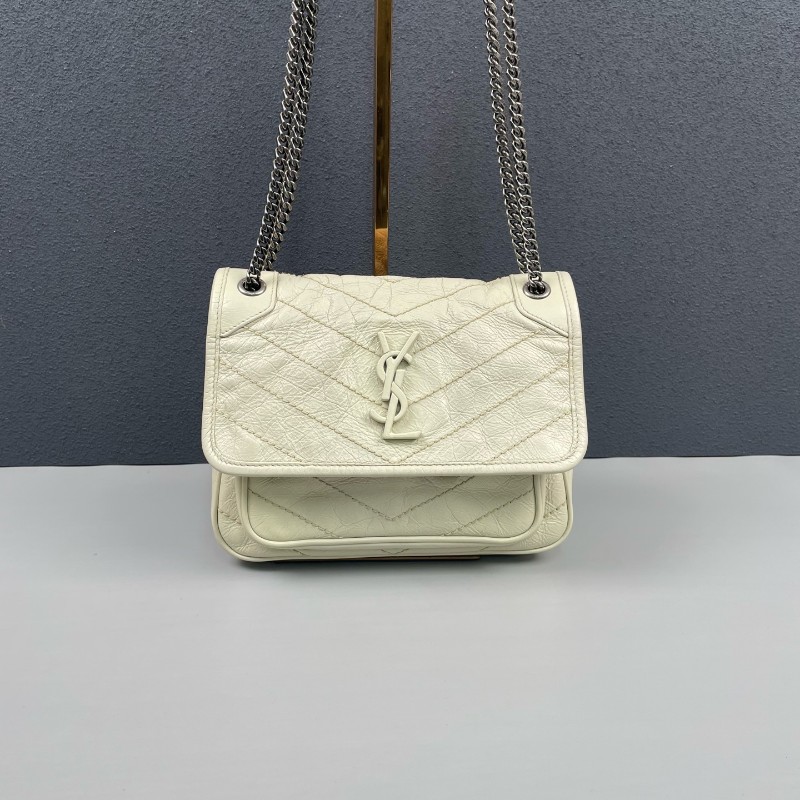 YSL 白色油蠟皮V紋小號Niki D扣 鏈條包-0