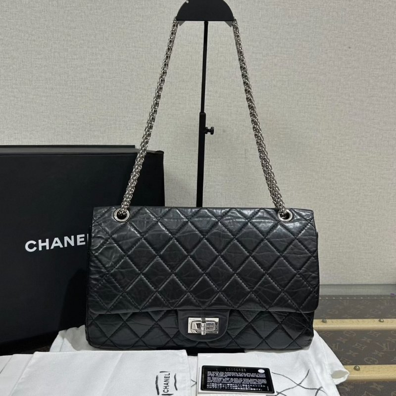 CHANEL 限量老佛爺簽名黑銀2.55大號肩背斜背鍊條包32*18*10 98新配件盒子塵袋保卡-0