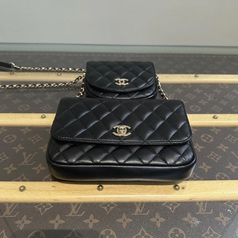 CHANEL黑金菱格紋羊皮雙子星子母鏈條包 19*13*3 98新配件保卡塵袋-2