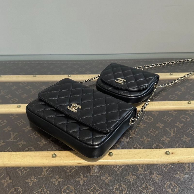 CHANEL黑金菱格紋羊皮雙子星子母鏈條包 19*13*3 98新配件保卡塵袋-4