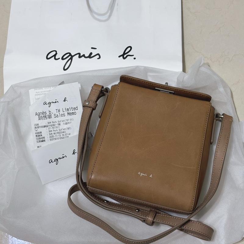 agnès b. 小b 棕色真皮 牛皮小方包 吐司包 肩背包 斜背包-0