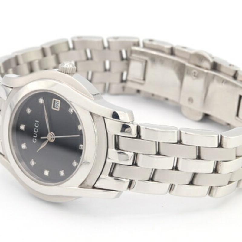 Gucci 女士腕錶，鑲嵌 11 顆鑽石，5500L 不鏽鋼錶殼，石英機芯，日期顯示，指針式，銀色金屬錶帶-1