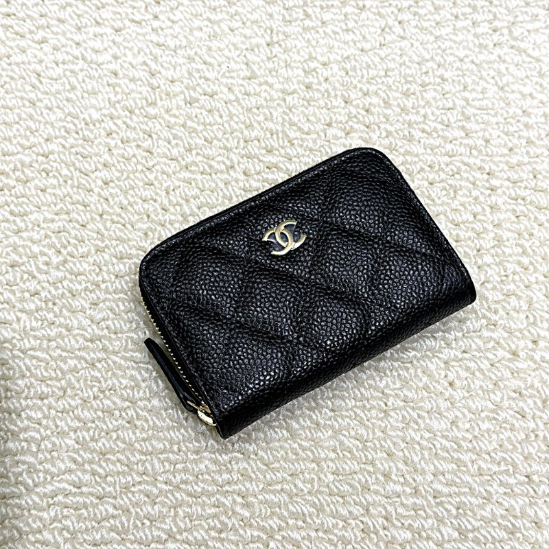 CHANEL - 黑色荔枝皮金釦拉鍊零錢卡包-0