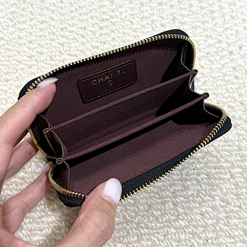 CHANEL - 黑色荔枝皮金釦拉鍊零錢卡包-3