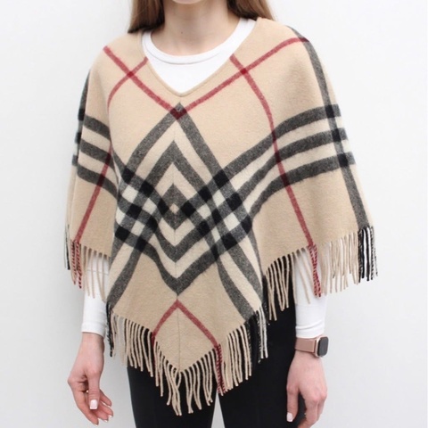 Burberry 倫敦 經典格紋流蘇混羊絨羊毛斗篷
