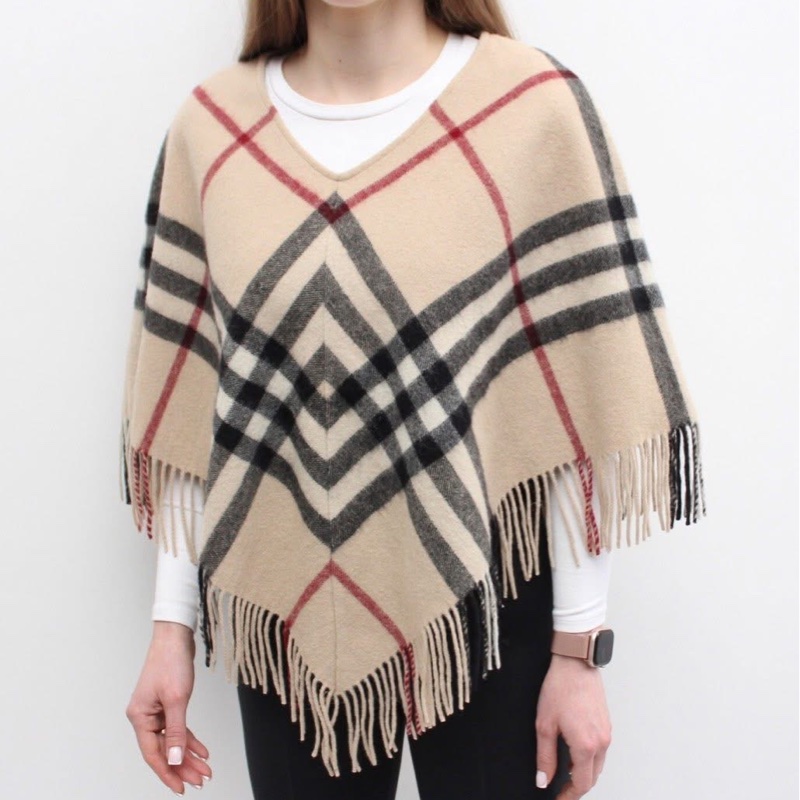 Burberry 倫敦 經典格紋流蘇混羊絨羊毛斗篷-0