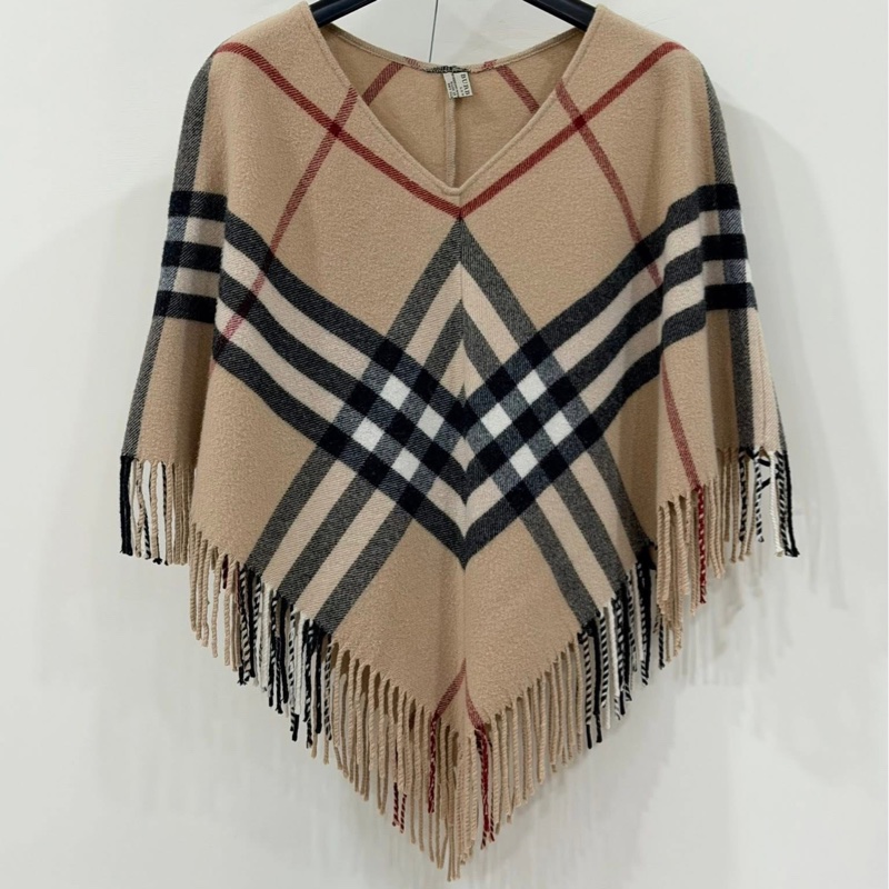 Burberry 倫敦 經典格紋流蘇混羊絨羊毛斗篷-1