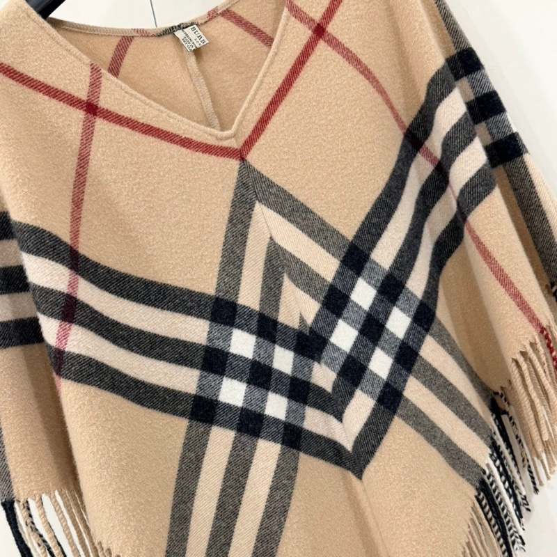 Burberry 倫敦 經典格紋流蘇混羊絨羊毛斗篷-3
