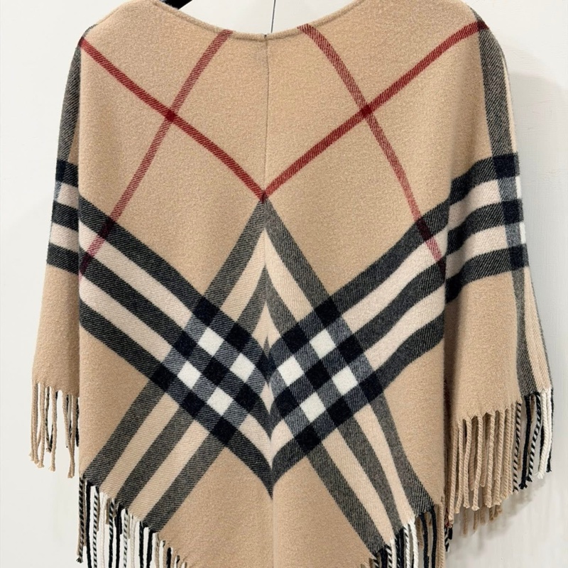 Burberry 倫敦 經典格紋流蘇混羊絨羊毛斗篷-4