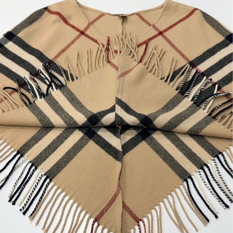 Burberry 倫敦 經典格紋流蘇混羊絨羊毛斗篷-7