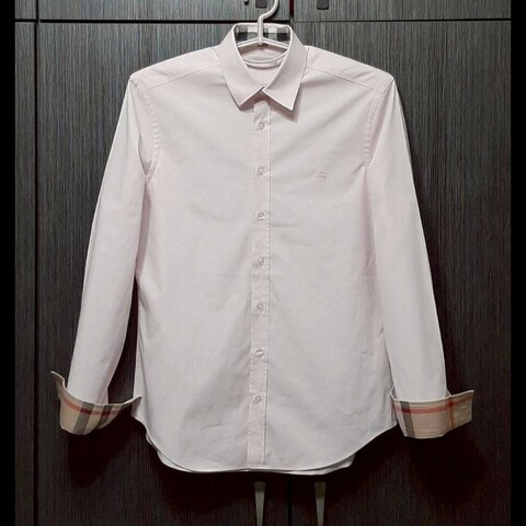 BURBERRY 博柏利 BRIT 戰馬 男粉色拼經典格紋彈性修身長袖襯衫M