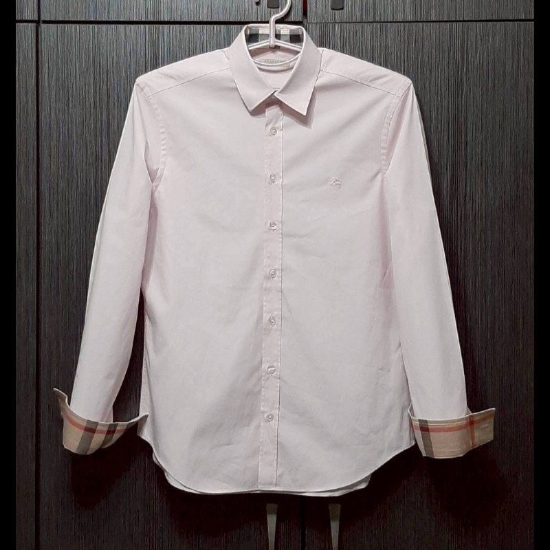 BURBERRY 博柏利 BRIT 戰馬 男粉色拼經典格紋彈性修身長袖襯衫M-0