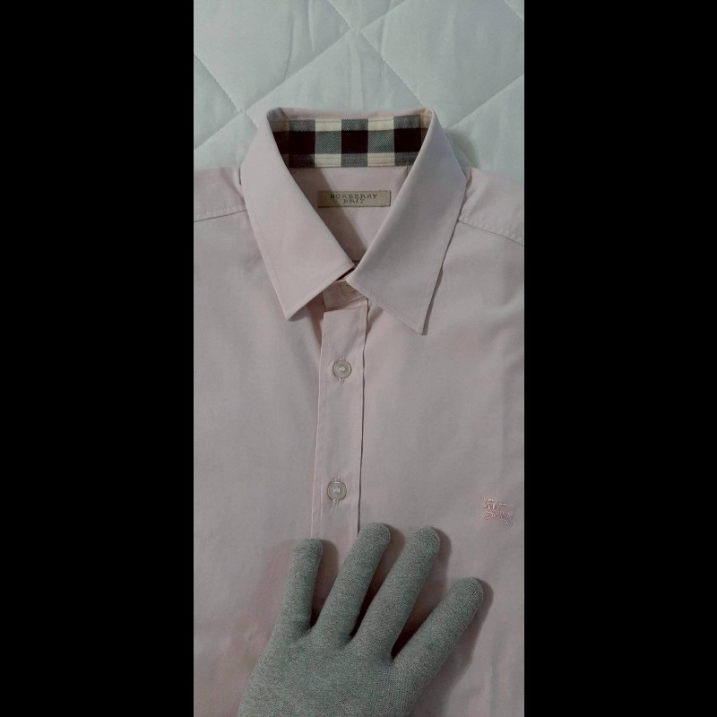 BURBERRY 博柏利 BRIT 戰馬 男粉色拼經典格紋彈性修身長袖襯衫M-2