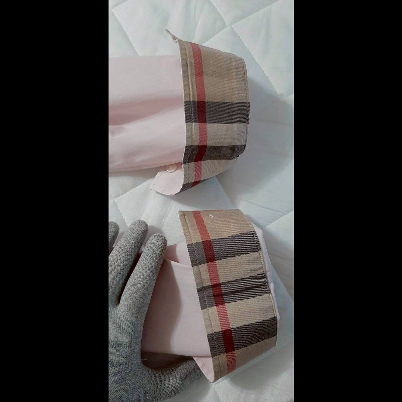 BURBERRY 博柏利 BRIT 戰馬 男粉色拼經典格紋彈性修身長袖襯衫M-5