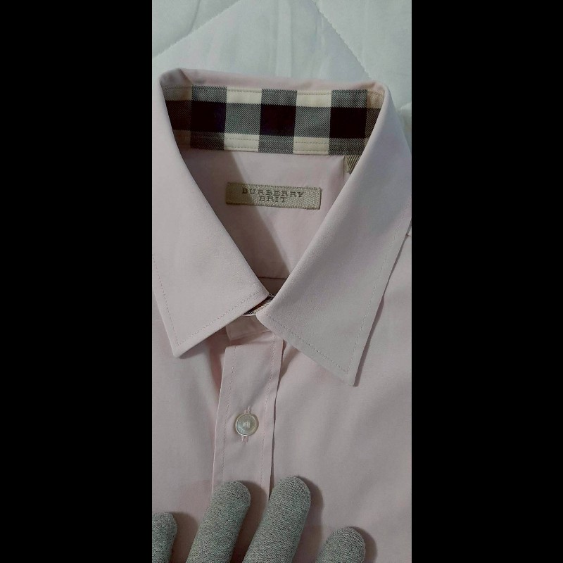 BURBERRY 博柏利 BRIT 戰馬 男粉色拼經典格紋彈性修身長袖襯衫M-6