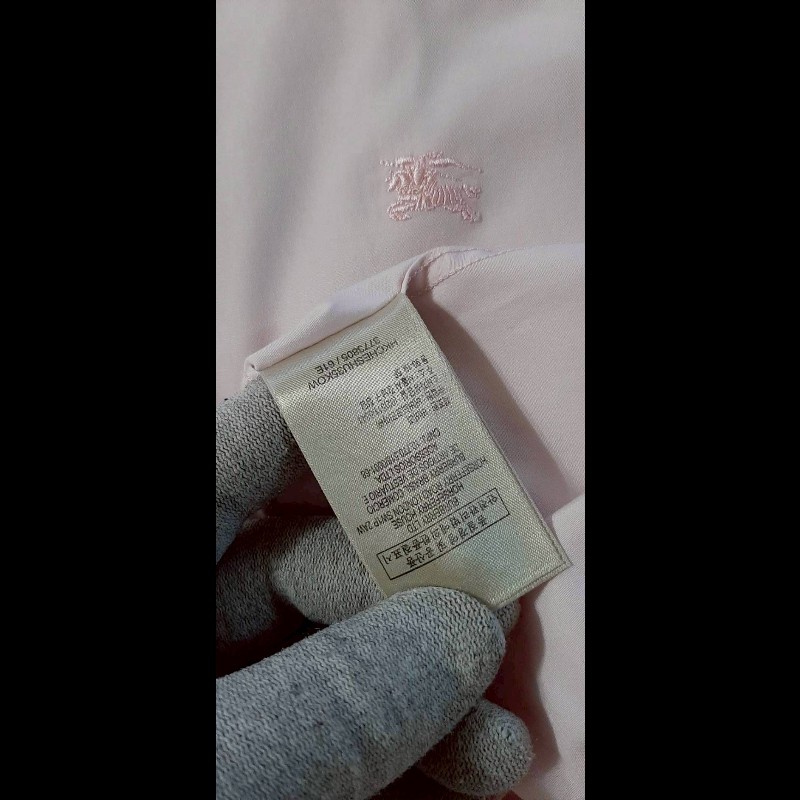 BURBERRY 博柏利 BRIT 戰馬 男粉色拼經典格紋彈性修身長袖襯衫M-9