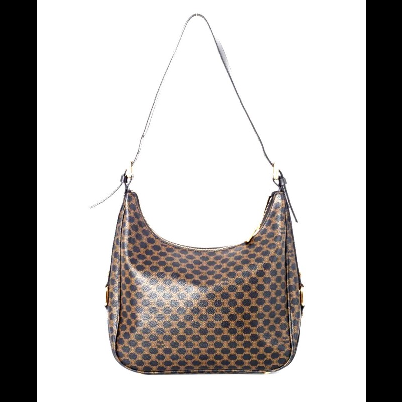 Vintage CELINE 黑金配棕色凱旋門老花圖案單肩背腋下包 牛角包 水餃包-0