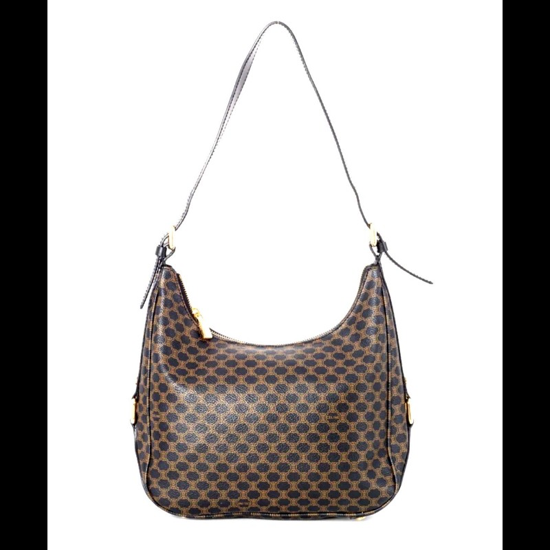 Vintage CELINE 黑金配棕色凱旋門老花圖案單肩背腋下包 牛角包 水餃包-1