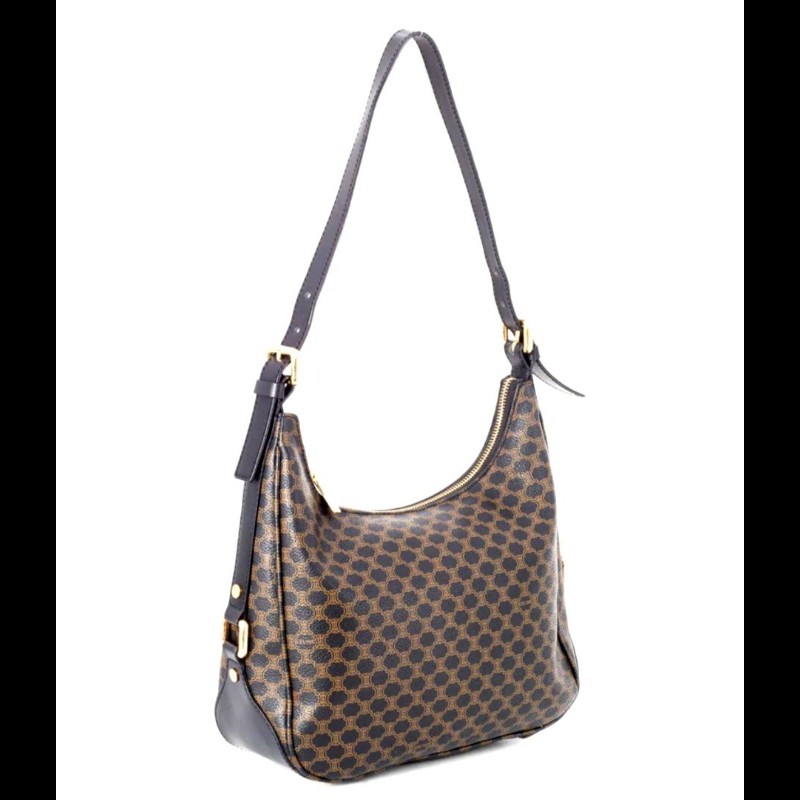 Vintage CELINE 黑金配棕色凱旋門老花圖案單肩背腋下包 牛角包 水餃包-2