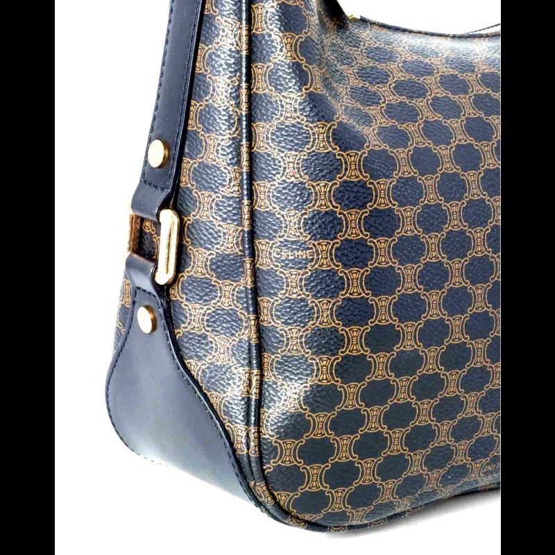 Vintage CELINE 黑金配棕色凱旋門老花圖案單肩背腋下包 牛角包 水餃包-3