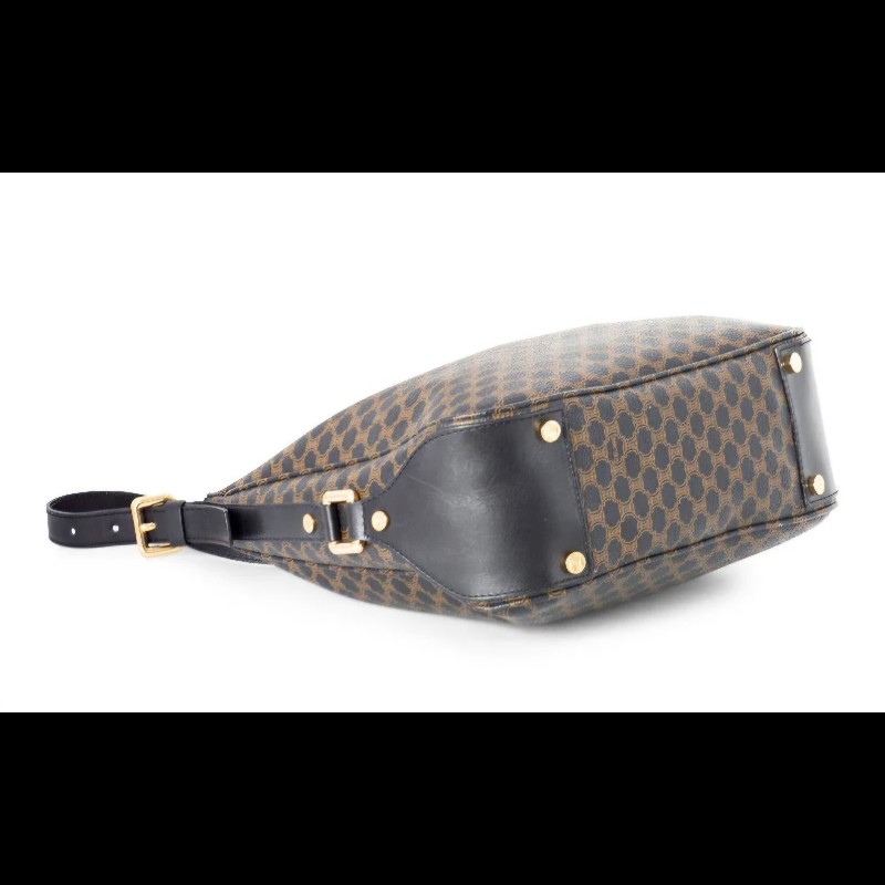 Vintage CELINE 黑金配棕色凱旋門老花圖案單肩背腋下包 牛角包 水餃包-4