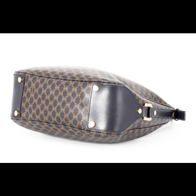 Vintage CELINE 黑金配棕色凱旋門老花圖案單肩背腋下包 牛角包 水餃包-5