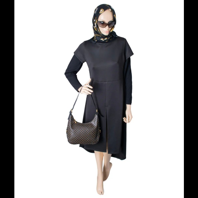 Vintage CELINE 黑金配棕色凱旋門老花圖案單肩背腋下包 牛角包 水餃包-6