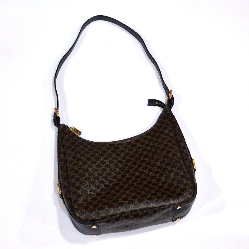 Vintage CELINE 黑金配棕色凱旋門老花圖案單肩背腋下包 牛角包 水餃包-8