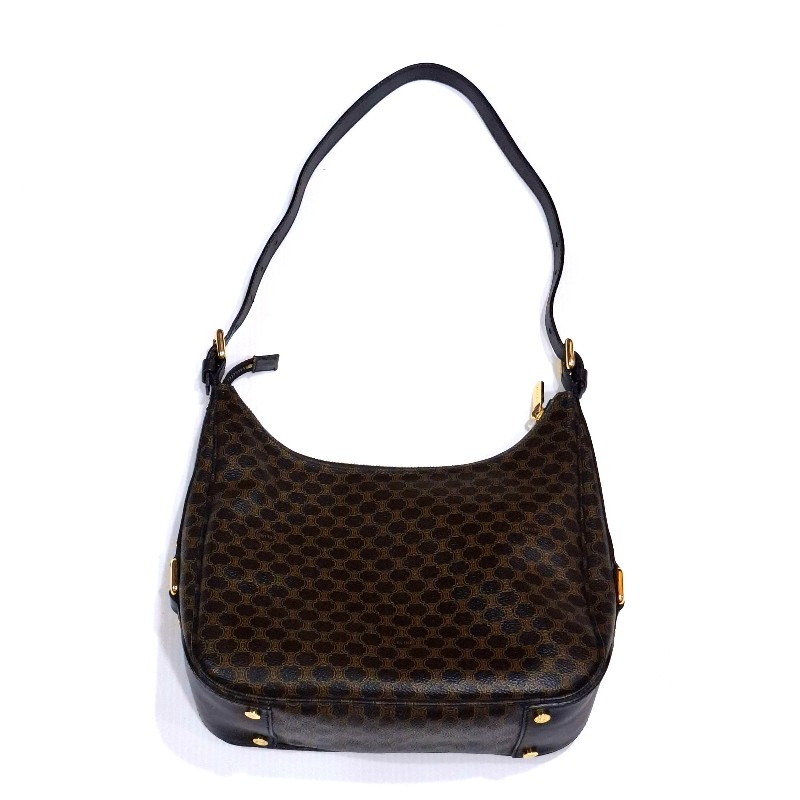 Vintage CELINE 黑金配棕色凱旋門老花圖案單肩背腋下包 牛角包 水餃包-9