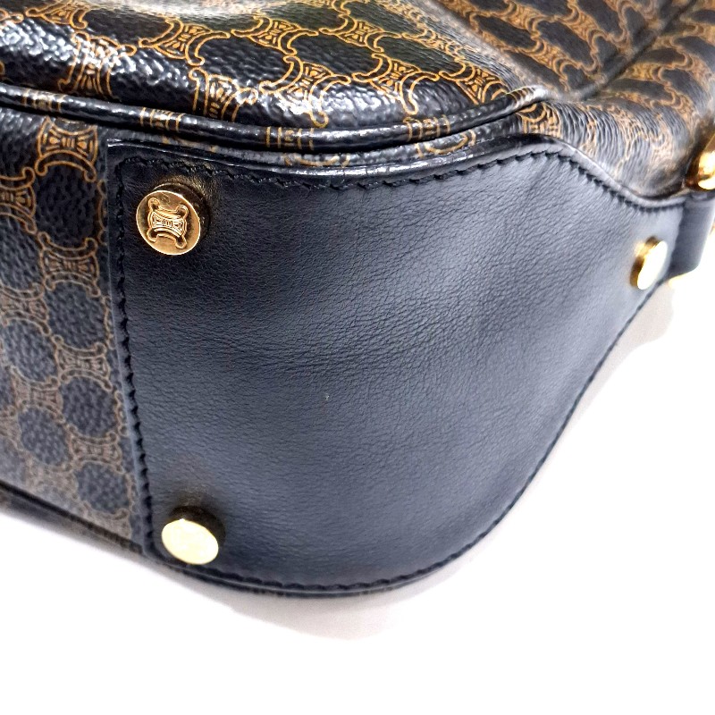 Vintage CELINE 黑金配棕色凱旋門老花圖案單肩背腋下包 牛角包 水餃包-10