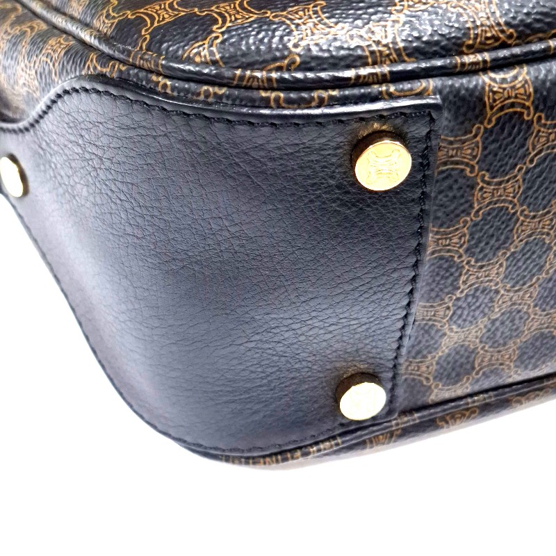 Vintage CELINE 黑金配棕色凱旋門老花圖案單肩背腋下包 牛角包 水餃包-11