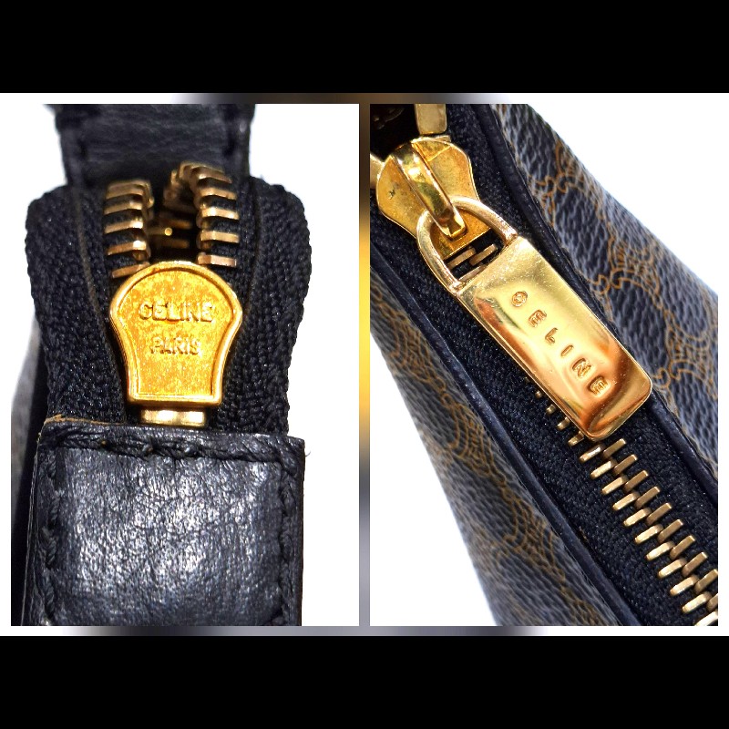 Vintage CELINE 黑金配棕色凱旋門老花圖案單肩背腋下包 牛角包 水餃包-14