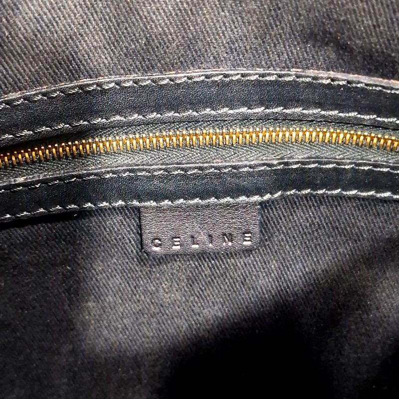 Vintage CELINE 黑金配棕色凱旋門老花圖案單肩背腋下包 牛角包 水餃包-15