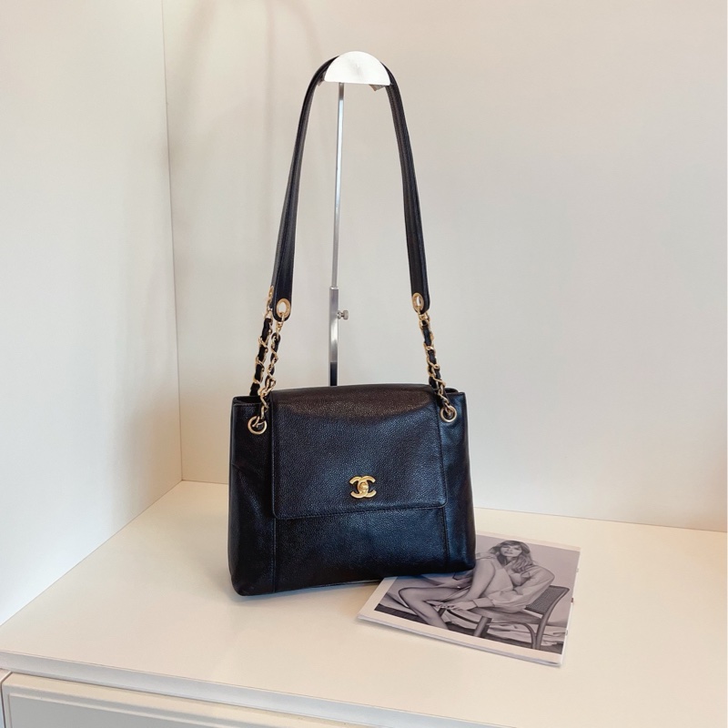 【98新🆕】Chanel 黑色金扣 荔枝皮 書包扣 奶粉包 斜挎包 單肩包-0