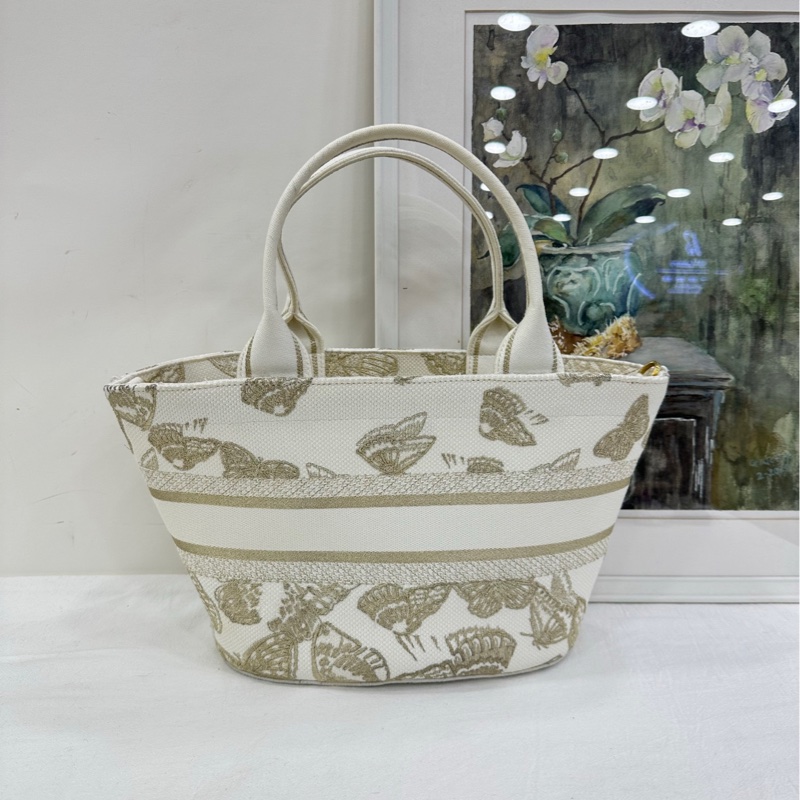 Dior/Dior 白金蝴蝶刺繡菜籃托特包 白色帆布 金色蝴蝶刺繡 23年編碼 尺寸24*11*20cm 可拆卸肩帶-2