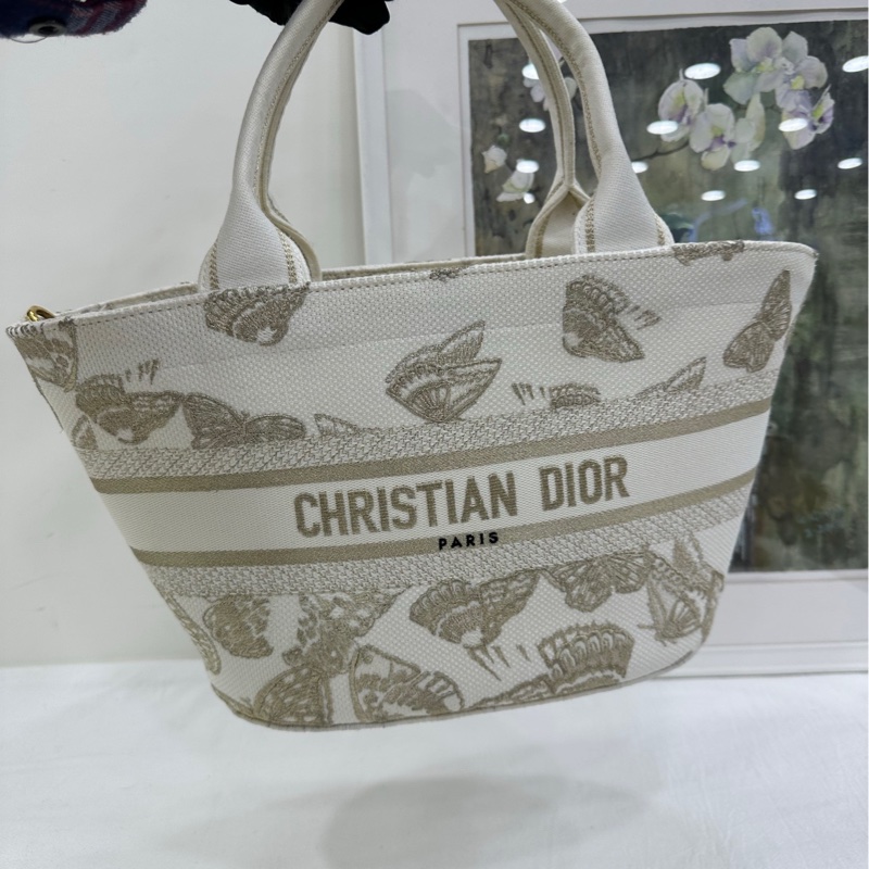 Dior/Dior 白金蝴蝶刺繡菜籃托特包 白色帆布 金色蝴蝶刺繡 23年編碼 尺寸24*11*20cm 可拆卸肩帶-7
