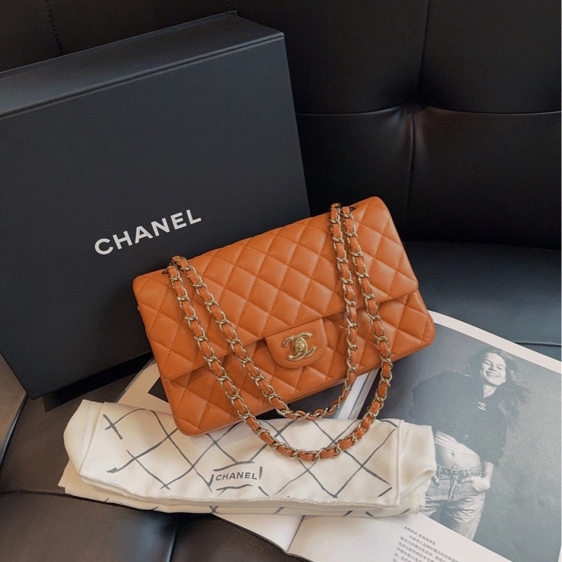【99新🆕】Chanel Classic Flag 限量新色 棕色/南瓜色/焦糖色 金扣 荔枝皮CF雙蓋 黃金中號 單肩包-0