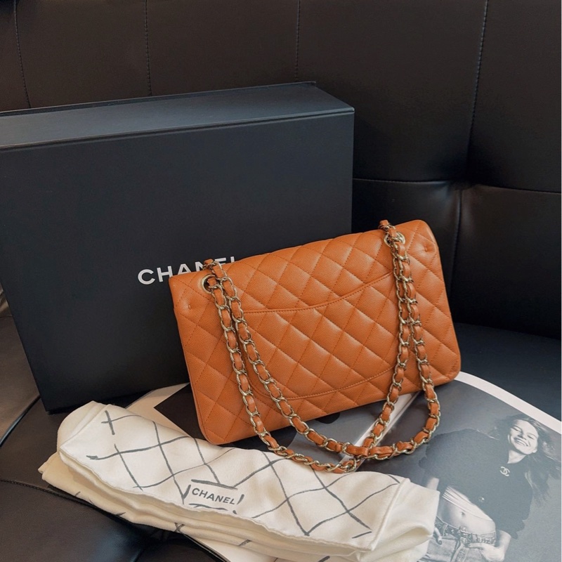 【99新🆕】Chanel Classic Flag 限量新色 棕色/南瓜色/焦糖色 金扣 荔枝皮CF雙蓋 黃金中號 單肩包-1