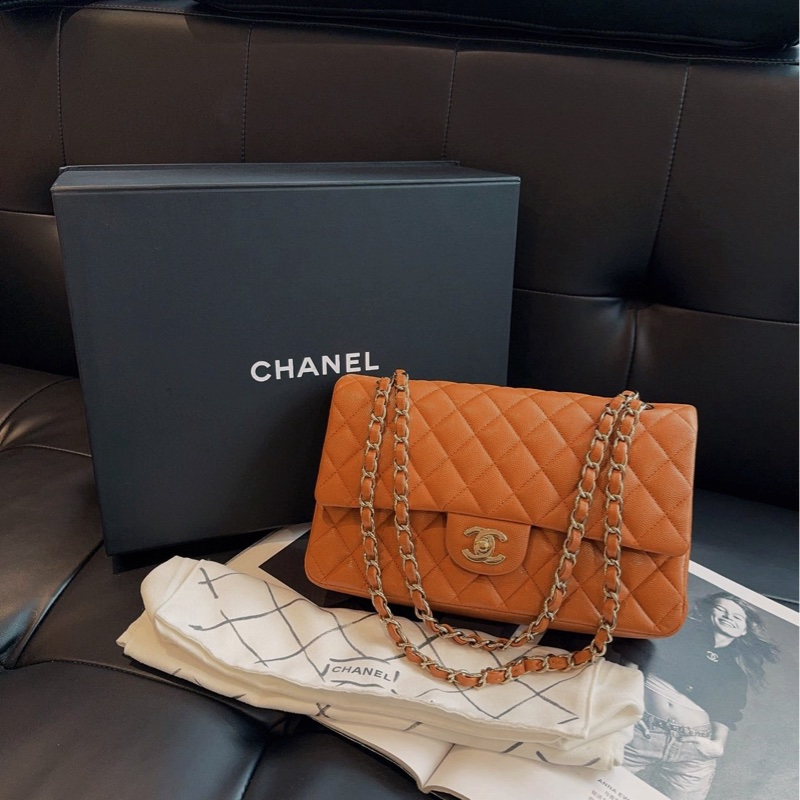 【99新🆕】Chanel Classic Flag 限量新色 棕色/南瓜色/焦糖色 金扣 荔枝皮CF雙蓋 黃金中號 單肩包-2